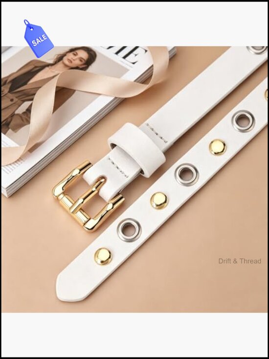 Womens Skinny Belt with Grommets Leather Gold Buckle main image 7